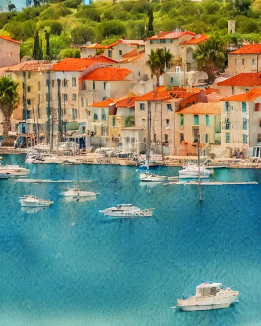 Image similar to watercolor painting of realistic adriatic coast, summer period with boats, watercolor, tonal colors, natural lighting, blue.