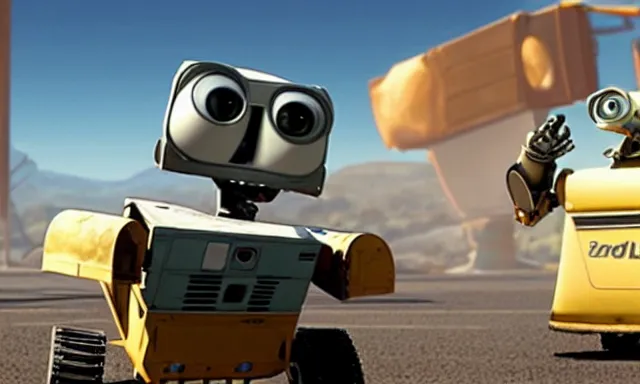 Image similar to full - color cinematic movie still from the 2 0 0 8 pixar animated film wall - e starring johnny 5 the robot from short circuit. high - definition 3 d - rendered animation.