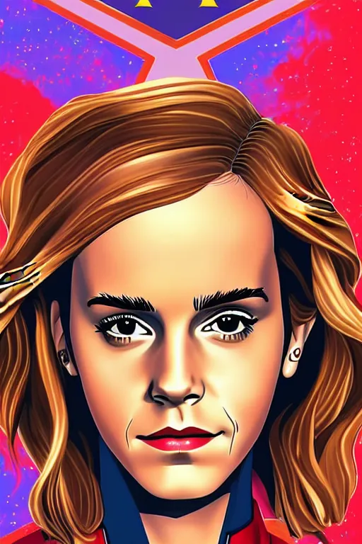 Image similar to Emma Watson as Captain Marvel high quality digital painting in the style of James Jean