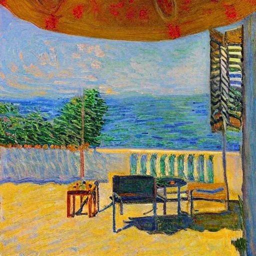 Prompt: “sunlit balcony with outdoor sofa, backgammon board, peaceful, nostalgic, in the style of Monet, desert”