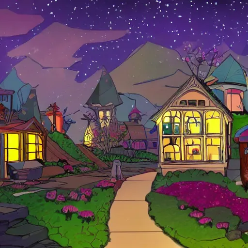 Prompt: quaint glass house village in the stars, warner brothers Animation