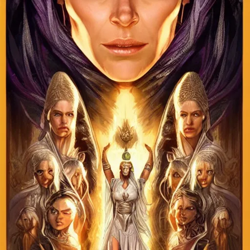 Image similar to evangeline Lilly as a priestess calling down thunder, symmetrical, smooth, sharp focus, art by magali villeneuve and art germ, concept art, very high quality, detailed face