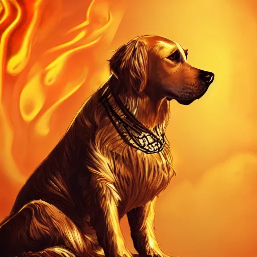 Prompt: golden dog sitting on a fiery throne, stylized, artgerm, artstation, hd, cgsociety, cgi, realistic, dramatic, cinematic, artistic, trending, detailed