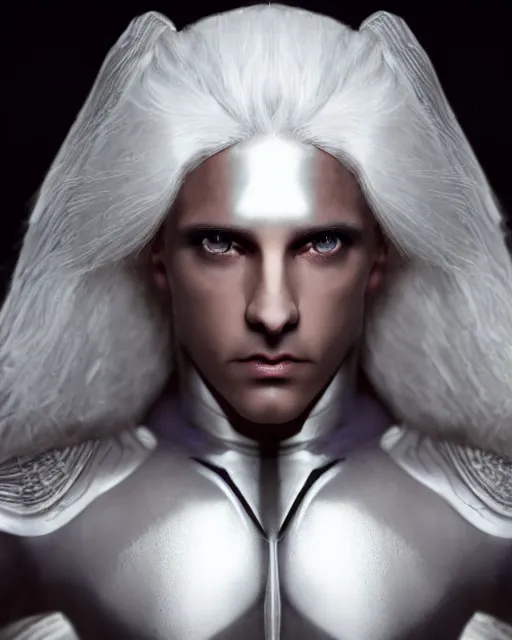 Prompt: perfect white haired egyptian male god, brute, nanosuit armor, beautiful, symmetric, dreamy, half african, black salamander eyes, charlize theron, detailed, scifi platform, laboratory, experiment, 4 k, ultra realistic, epic lighting, android body, illuminated, cinematic, masterpiece, art by akihito tsukushi, voidstar