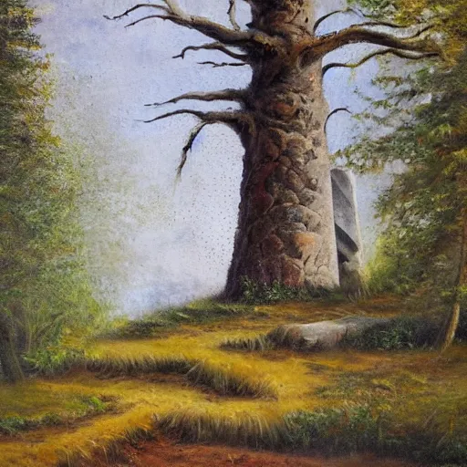 Prompt: runestone, monument, megalithic, oil painting, nature, trees, forest