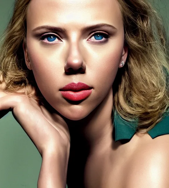 Image similar to portrait photo of Scarlett Johansson:: symmetric face, symmetric eyes, slight smile, photo by Annie Leibovitz, 85mm, teal studio backdrop, Getty images