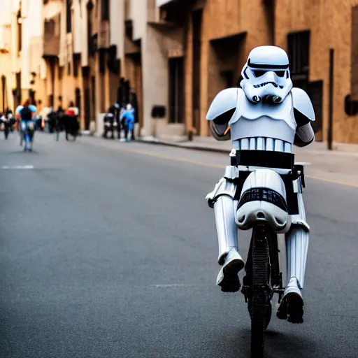 Prompt: a stormtrooper riding a Zebra down a city street, 4k photography