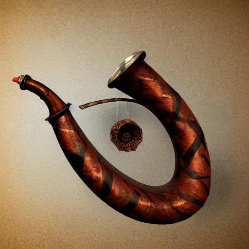 Image similar to a 3 d render of a medieval blowing horn, winding horn, animal horn, higly detailed, mystic, artwork