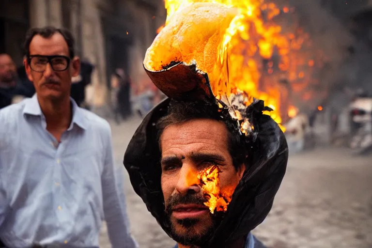 Image similar to closeup potrait of a man carrying molten cheese over his head during a fire in Paris, photograph, natural light, sharp, detailed face, magazine, press, photo, Steve McCurry, David Lazar, Canon, Nikon, focus