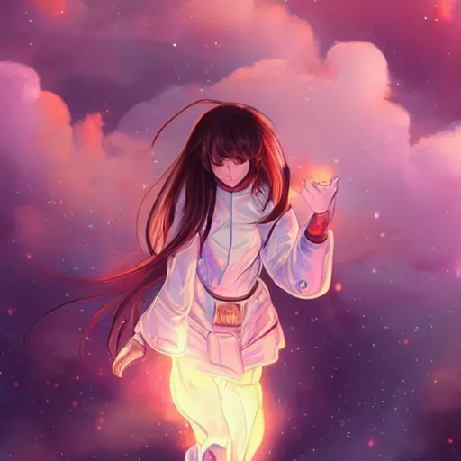 Prompt: over the cloud there is a cosmic girl A young female looks like kasumi arimura with wolor explosion background trending on artstation and twitter by Krenz Cushart, trending on pixiv, Colorful astronaut, flowing robe, floating , colorful nebula, derelict space ship, science fiction spaceman, space, futuristic spacesuit, cover art, cinematic, highly detailed, strong line work, Alphonse Mucha, John Harris, 4k render, 4k post, hyper detailed
