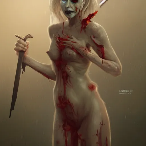 Image similar to a zombie Daenerys, by WLOP, horror, wounds, bloody, dark fantasy, trending on artstation