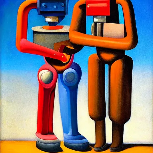 Prompt: people in robot suits, pj crook, edward hopper, oil on canvas