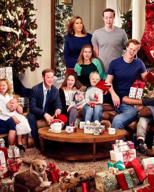 Prompt: postcard showing 'zuckerberg's christmas family pictures' laying on coffee table, zoomed out, HD, iphone capture