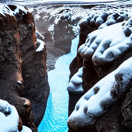 Image similar to a canyon in iceland with a frozen river at the bottom.