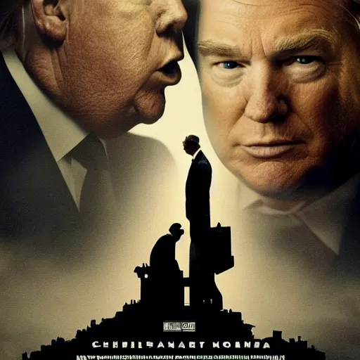 Prompt: movie poster by Christopher Nolan with donald trump starring, detailed, photographic, atmospheric, cinematic