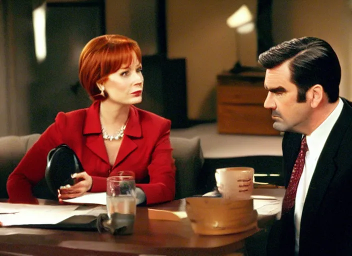 Prompt: a still from the 2001 TV Show The West Wing Starring Don Draper and Joan Holloway