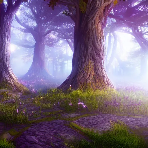 Prompt: digital artwork of a magical forest, many trees are visible, golden windchimes are hanged on the branches, the color palette is slightly blue and violet, there is an eerie aura, artstation, 8k, unreal engine 5