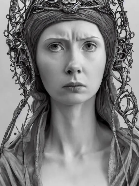 Image similar to a dramatically lit art nouveau white marble portrait sculpture of a worried young karen gillan as joan of arc, delicate, intricate, smooth, beautiful, glowing, by charles van der stappen