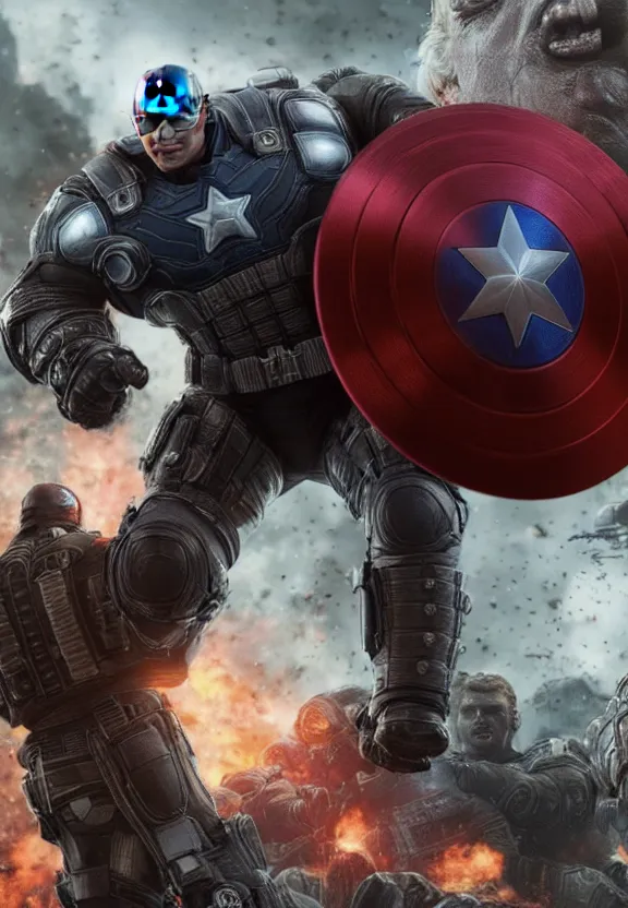 Image similar to Portrait of Donald Trump as captain america in Gears of War, splash art, movie still, cinematic lighting, dramatic, octane render, long lens, shallow depth of field, bokeh, anamorphic lens flare, 8k, hyper detailed, 35mm film grain