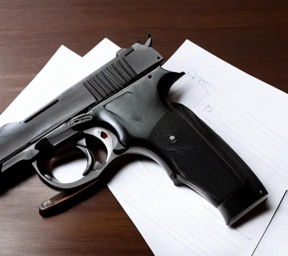 Image similar to a full shot photo of a pistol gun laying on a desk