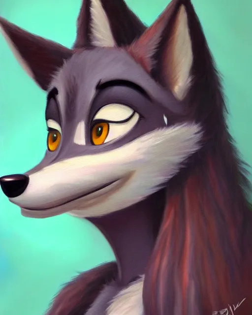 Image similar to oil painting of anthromorphic female wolf, in style of zootopia, female fursona, furry, furaffinity, 4 k, deviantart, furry art, fursona art, wearing black business suit, business suit, wolf fursona, female, very expressive detailed feminine face,