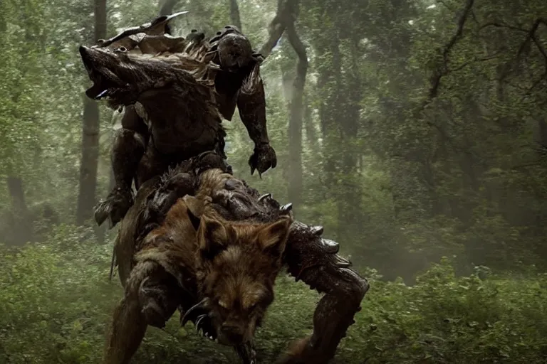 Image similar to vfx movie closeup detailed ancient armored warrior orc hunting riding large wolf in the forest, natural lighting by emmanuel lubezki