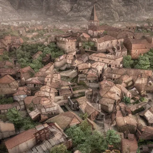 Image similar to the center of a poor medieval town under heavy rain at late night, in a valley, surrounded by mountains, highly detailed, octane render, ultra detailed cinematic, 8 k, widescreen, 1 6 : 9, hd