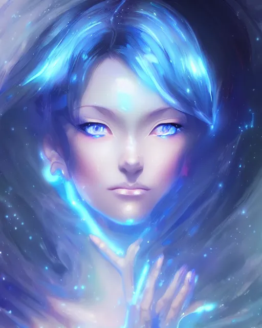 Prompt: A realistic anime portrait of a beautiful cosmic woman with glowing blue eyes and cosmic skin wearing clothes made of universes, digital painting, by Stanley Artgerm Lau, Sakimichan, WLOP and Rossdraws, digtial painting, trending on ArtStation, SFW version