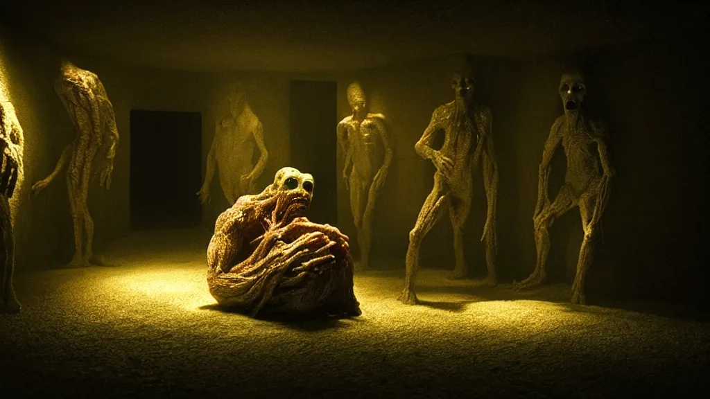 Image similar to the creature in the basement, made of glowing wax and ceramic, surrounded by enemies, film still from the movie directed by denis villeneuve and david cronenberg with art direction by salvador dali and zdzisław beksinski, wide lens