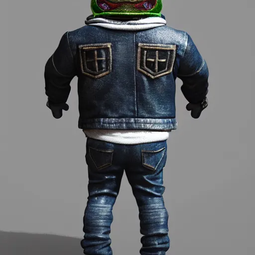 Image similar to perfectly accurate miniature figure of pepe the frog wearing jeans and a black leather jacket, soft textures, skin texture, clothing, 3d sculpture, textured, fine detail, lifelike, photo, high resolution, octane render, post processing, after effects, trending on artstation