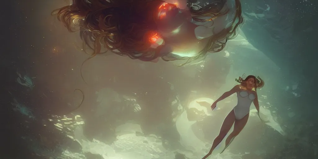 Image similar to dream woman of color astronaut, underwater in the ocean at night, atmospheric, volumetric lighting, glowing lights, 4k, octane, digital painting, artstation, concept art, sharp focus, illustration, art by artgerm and greg rutkowski and alphonse mucha