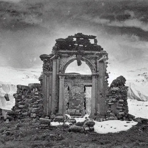 Prompt: black and white grainy newspaper photo from 1898 of an ancient ruined temple coming out of the snow in antarctica