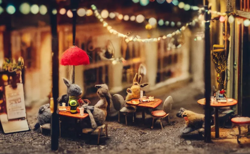 Prompt: miniature cafe diorama, macro photography, cafe with felted bunnies on a date, alleyway, ambient, atmospheric lighting, british, cozy, bokeh, romantic, colorful lanterns, cute decor