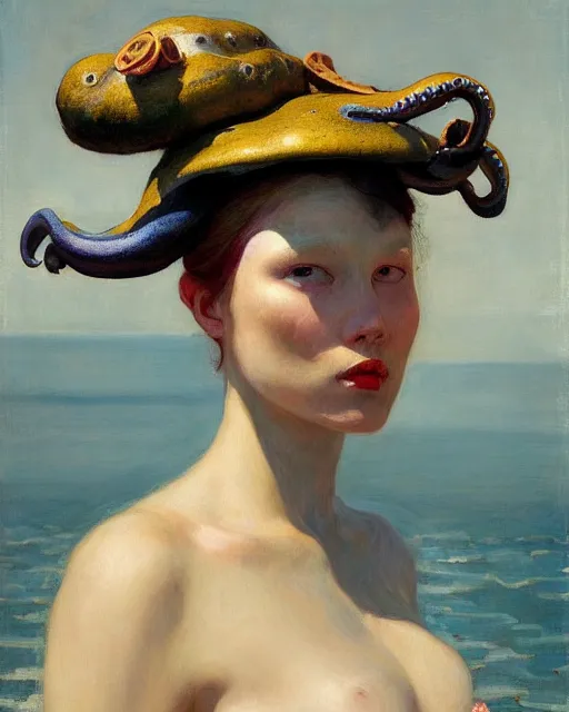 Image similar to a beautiful girl wearing an octopus as a hat, painted by edgar maxence, edward hopper, wayne barlowe and james gilleard, airbrush, art by jamesjean