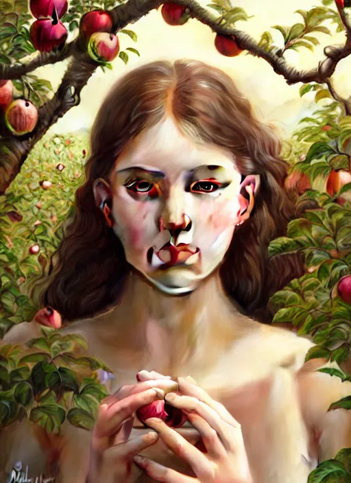 Prompt: symmetry!! portrait of young woman cursed with ever - increasing intelligence beauty and virtue, slice - of - life, realism, in apple orchard!! intricate, elegant, highly detailed, digital painting, artstation, concept art, smooth, sharp focus, illustration, art by artgerm and greg rutkowski and alphonse mucha