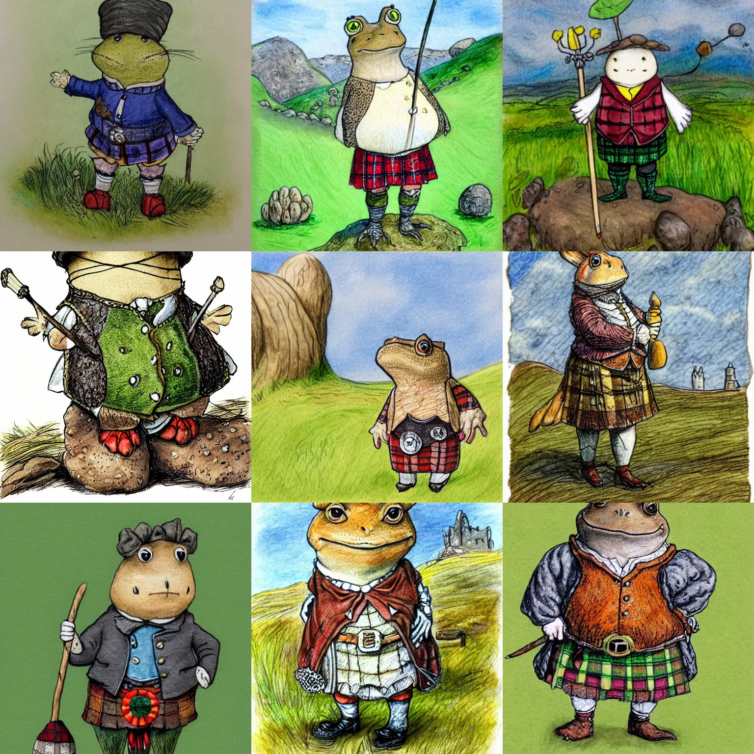 Prompt: a full body portrait of a toad in kilt, posing proudly on a hill, 4 k, classic children's illustration, very detailed, realistic, pencil and watercolour, in the style of beatrix potter
