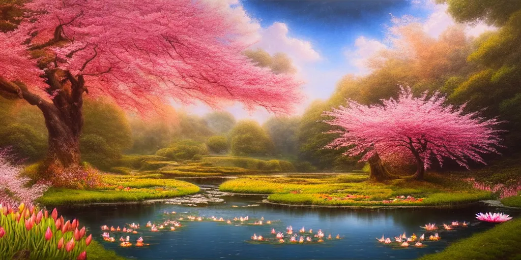 Image similar to a real photographic landscape painting with incomparable reality, wide angle, in forest, flowers, peach tree in full bloom, waterlily pond, bright style, harry potter, clearing,, john howe, magnificent, artstation