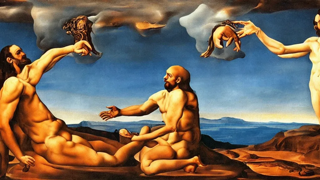 Image similar to the creation of adam by dali