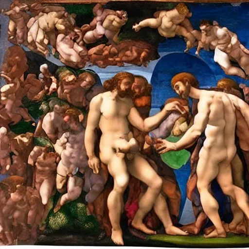 Prompt: Michelangelo's The Creation of Adam except God and Adam are women
