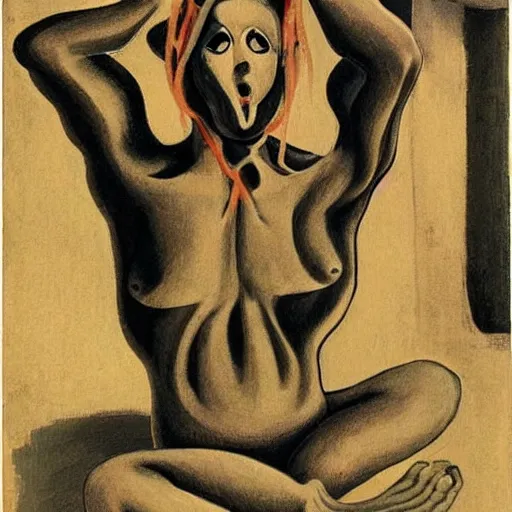 Prompt: A beautiful experimental art of a human figure. The figure is shown in a contorted state, with their limbs and torso twisted in a seemingly impossible way. The figure is also shown with a number of facial piercings, and their eyes are rolled back in their head, giving them a wild and maniacal appearance. by Émile Bernard unnerving