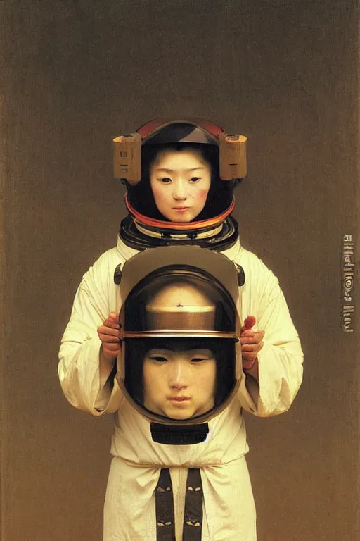 Prompt: portrait of a astronaut in samurai helmets an ancient human species, single person, by bouguereau