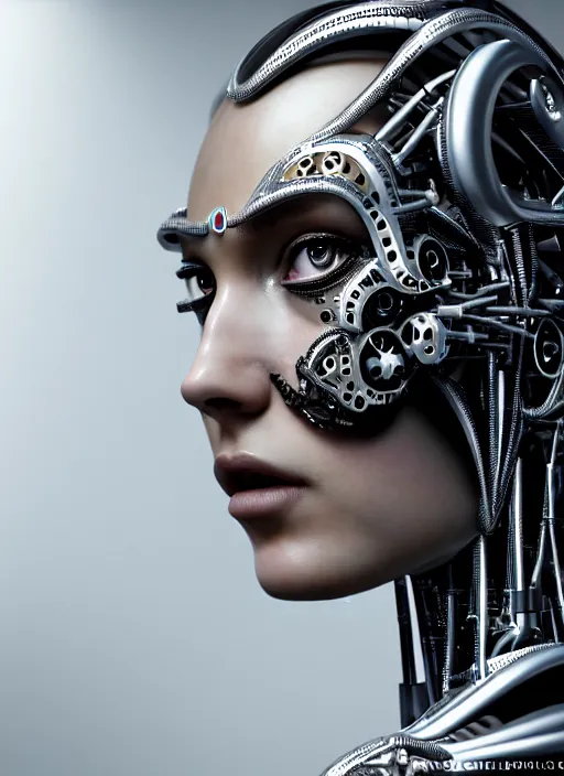 Image similar to a stunning young female cyborg profile face, face is made intricate tribal bio - mechanical, unreal engine, glamor shot, nikon d 7 5 0, closeup, f / 2. 8, low contrast, 1 6 k, rim lighting, optical fiber, cinematic lighting, insanely detailed and intricate, hypermaximalist, elegant, ornate, hyper realistic,