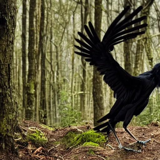 Prompt: crossbreed between a human male and crow, photograph captured in a forest