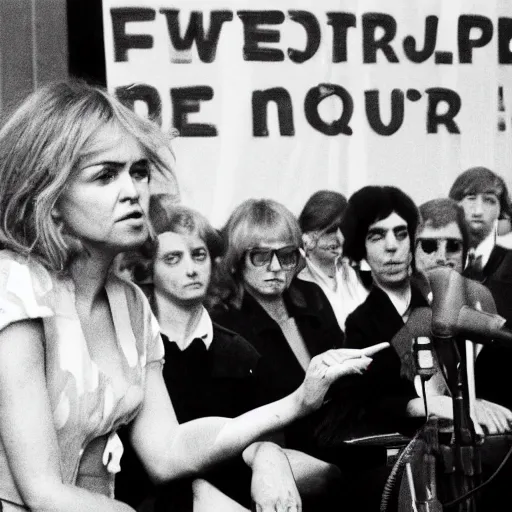 Image similar to French pop star Daphne LaCroix argues in favor of worker's rights with German New-Trad Intellectuals in Berlin, March, 1978