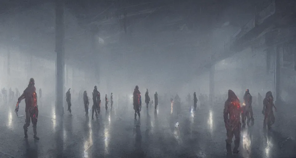 Image similar to illustration of rows of limp human bodies on display in a cold warehouse, refrigerated storage facility, rolling fog, greg rutkowski, cyberpunk, dystopian, dramatic lighting, unreal engine 5, colorful