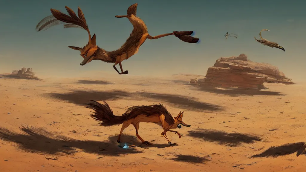 Image similar to wile e coyote chasing roadrunner across the open sand, karst landscape desert, wide shot, concept art by greg rutkowski