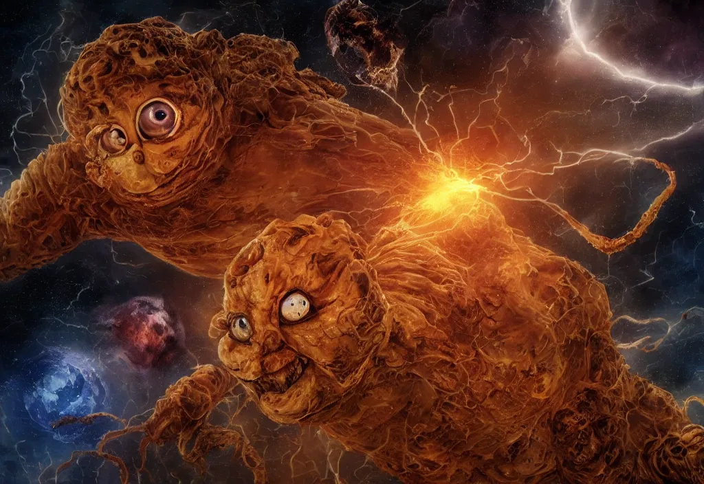 Image similar to eldritch horror bloody garfield in space, hd, 8 k, giant, epic, realistic photo, unreal engine, prophecy, powerful, cinematic lighting, destroyed planet, debris, violent, sinister, ray tracing, dynamic, epic composition, dark, horrific, teeth, grotesque, monochrome drawing, hellscape, corpses, foreboding, lightning, garfield cartoon eyes