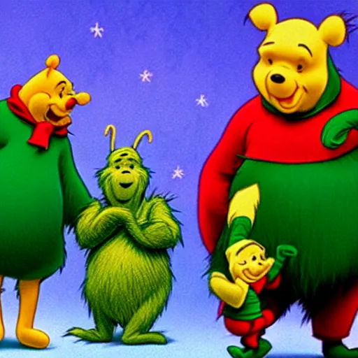 Image similar to winnie the pooh as the grinchfrom, winnie the pooh cast as the grinch
