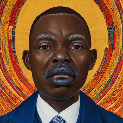 Image similar to a painting of a round face, XXL , fatherly, loving, caring, generous, ever-present, humble, wise elder from Kenya in a suit by Kehinde Wiley . Fatherly/daddy, focused, loving, leader, relaxed,. ethereal lights, details, smooth, sharp focus, illustration, realistic, cinematic, artstation, award winning, rgb , unreal engine, octane render, cinematic light, macro, depth of field, blur, red light and clouds from the back, highly detailed epic cinematic concept art CG render made in Maya, Blender and Photoshop, octane render, excellent composition, dynamic dramatic cinematic lighting, aesthetic, very inspirational, arthouse.