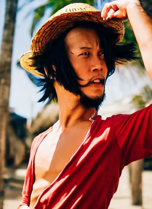 Image similar to A full portrait photo of real-life luffy one piece, f/22, 35mm, 2700K, lighting, perfect faces, award winning photography.